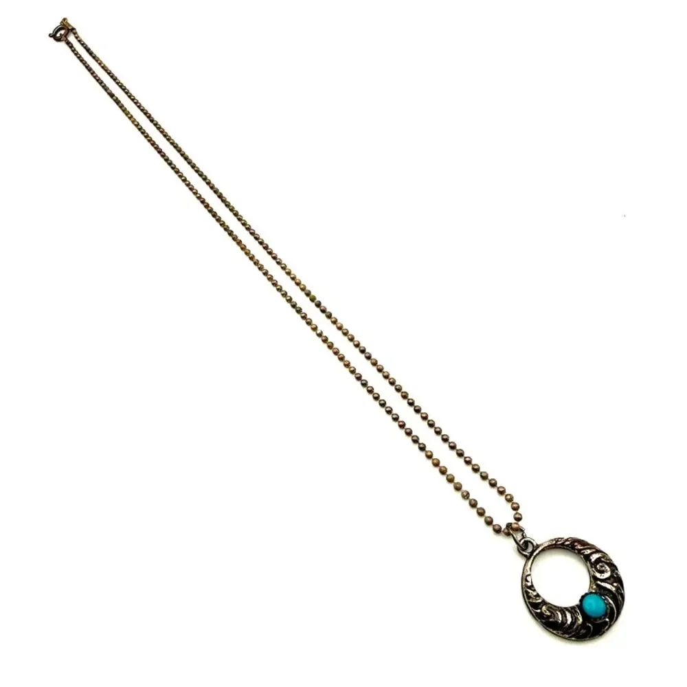 925 Sterling Silver Turquoise Native American Etched Ring Pendant Ball Chain 16" - Picture 2 of 9
